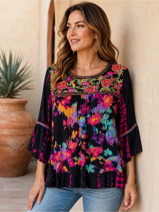 Calessa Tops - CALESSA Bright embroidered boho Floral Top with bell sleeves and ruffle